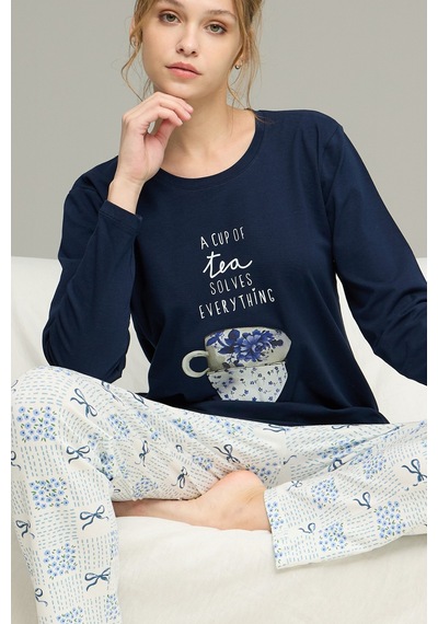 Siyah İnci Örme Pamuklu Pijama Takım25240247 Lacivert