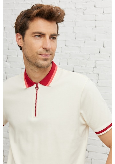 Ac&Co / Altınyıldız Classics Erkek Ekru Bordo Regular Fit Geniş Kesim Polo Yaka Tişört Ekru - Bordo