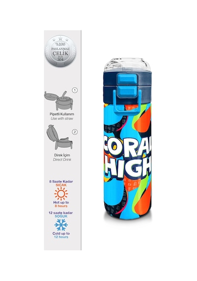 Coral High Kids Grafiti Desenli Pipetli Ve Direkt İçim Çelik Termos 500 Ml 31993 Mavi - Beyaz