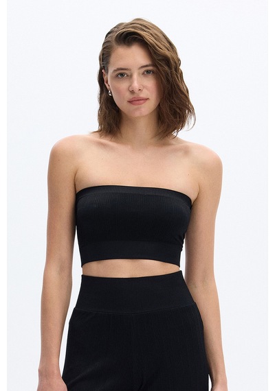 SubTone Dikişsiz Rib Dokulu Straplez Crop Top Siyah