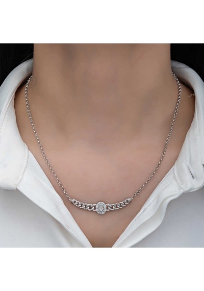 Gümüş Gurmet Zincirli Oval Baget Taşlı Kadın Kolye