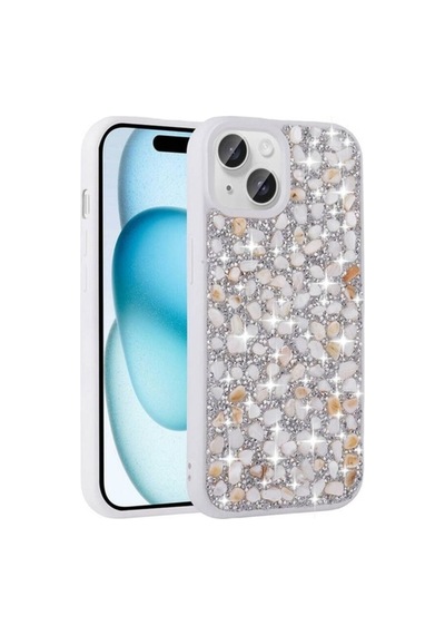 Apple Uyumlu iPhone 15 Plus Kılıf Parlak Taşlı Tasarım Zore Linea Kapak Beyaz