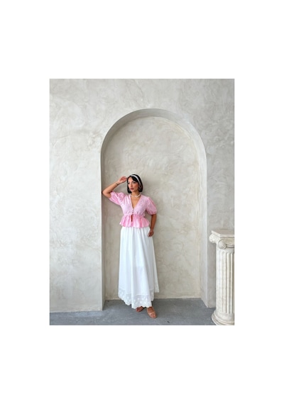 Verymoda Önden Bağlamalı Nakışlı Vual Bluz D2820 Pembe