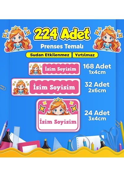 Prenses Temalı Okul Kreş Kişiye Özel İsim Etiket Seti - Model 301 Çok Renkli