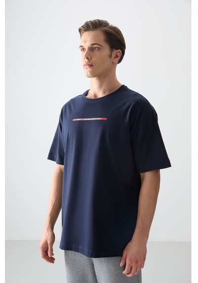 Air Jones Tommy Life Lacivert %100 Pamuk Kalın Yumuşak Dokulu Oversize Fit Baskılı Erkek T-shirt - 88358 Lacivert