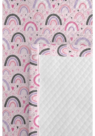 Evimde Bambaşka Gökkuşağı Pastel Pembe Kız Çocuk Pike Takımı - Kalpli Lila Gri Bebek Odası Yatak Örtüsü - 160x220  CM
