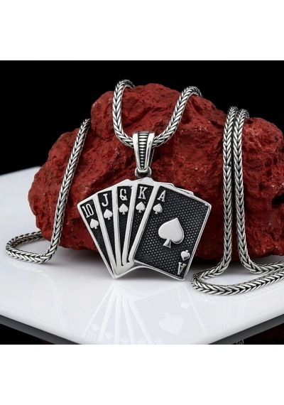 925 Ayar Gümüş Royal Flush İskambil Şans Oyun Erkek Kolye