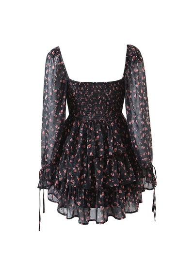 Fashion Cocktail Göğüs Korseli Sırt Lastikli Çiçekli Uzun Kol Bağlamalı Dudak Göğüslü Şifon Elbise Siyah Fashion Cocktail Göğüs Korseli Sırt Lastikli Çiçekli Uzun Kol Bağlamalı Dudak Göğüslü Şifon Elbise Siyah