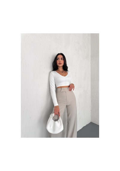 Gugus Kadın Cepsiz Dokuma Kumaş Pantolon Beli Cırtlı Bol Paça Wide Leg Model Ekru