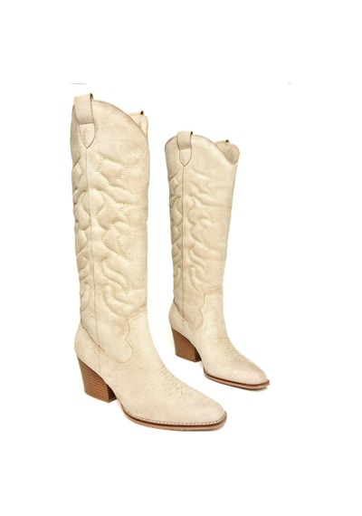 Fox Shoes T296815002 Bej Süet Kovboy Model Kadın Çizme Bej-süet Bej
