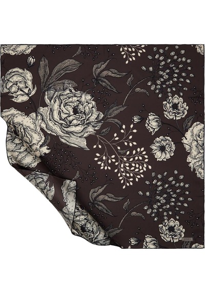 İpekevi Twill İpek Eşarp - Rosa Desenli - Füme - Füme