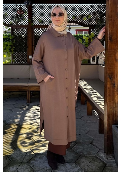 Rabia Şamlı Panço Triko Hırka Sütlü Kahve Normal