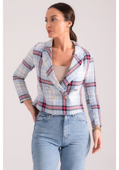 Armonika Kadın Mavi-fuşya Kruvaze Yaka Tüvit Crop Ceket Arm-24k001014