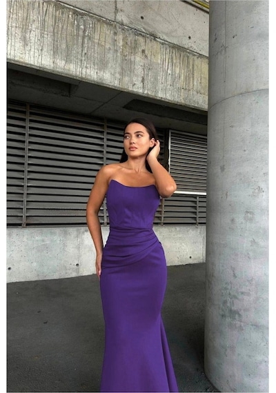 DefyModa Kadın Esnek Likralı Kumaş Straplez Maxi Abiye Elbise Mor