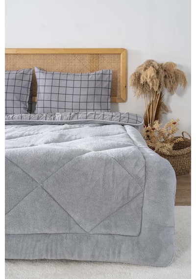 Rivaistanbul Gri Kareli Loura Çift Kişilik Çift Taraflı Lüx Wellsoft Yorgan Seti 195x215 Cm Gri