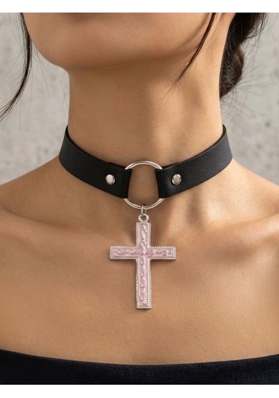 Kadın Gotik Haç Choker Kolye Siyah Deri Boyunluk, Taşlı Haç Kolye Ucu, Y2k Punk Gothic Ayarlanabilir Kolye Pembe