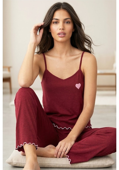 Siyah İnci İp Askılı Örme Pijama Takım 7883 Bordo