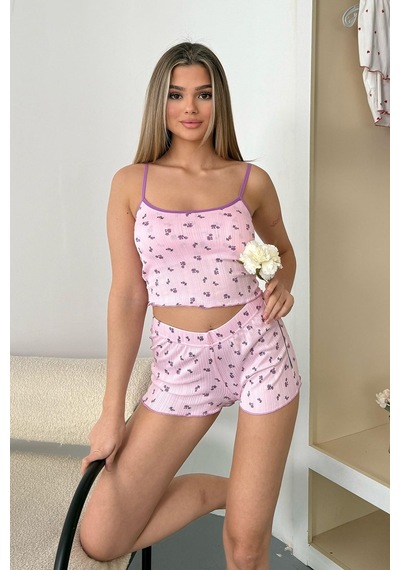 Giysa Kadın Askılı Kaplı Çiçek Desenli Şortlu Pijama Takımı Pembe Mor - 3403