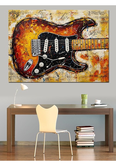 Elektrogitar Soyut Çizimi Dekoratif Kanvas - Mdf Ahşap Tablo