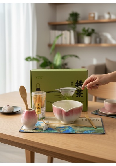 6 Parça Pembe Beyaz Renk Matcha Çayı Hazırlama Seti - Geleneksel Japon Matcha Seti Pembe - Beyaz
