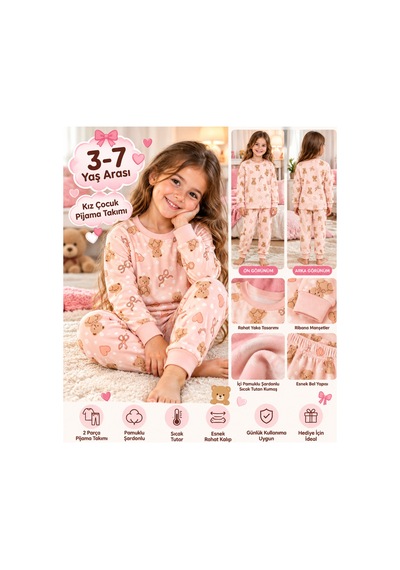 Üç Gül Ticaret Kız Çocuk 3-7 Yaş Ayıcıklı Kalpli Pijama Takımı İçi Pamuklu Şardonlu Bej