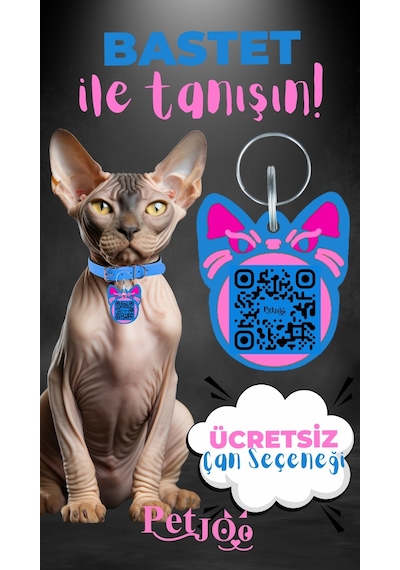 Petjoo 1.Bastet Pembe-Mavi Qr'lı Kedi Künyesi
