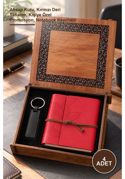 4 Adet Ahşap Kutulu Kırmızı Deri Defter Ve Anahtarlık Set Ahşap Kutu, Kırmızı Deri Tasarım, Kişiye Özel Promosyon, Notebook Keychain 1