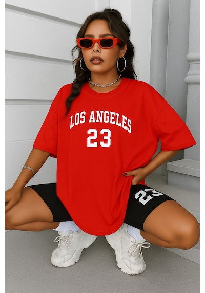 Los Angeles Baskılı Oversize Unisex Tişört Kirmizi
