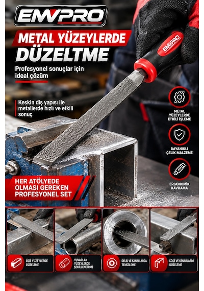 Emwpro 5 Parça Eğe Seti 200 Mm Metal Ahşap Törpüleme Ve Şekillendirme Takımı Düz Yuvarlak Yarım Yuva