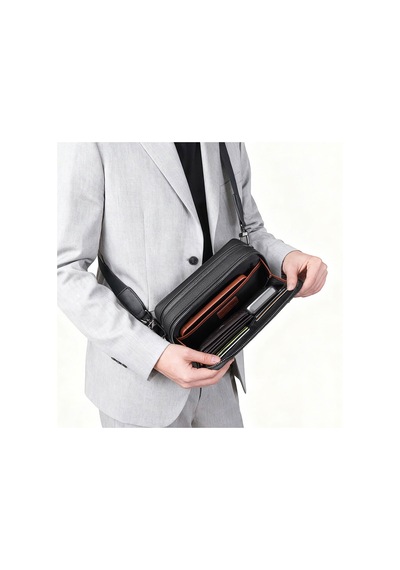 Wiwu Master Genuie Leather Serisi Parmak İzi Kilitli Çok Fonksiyonlu Deri Çapraz Vücut Çantası Siyah Siyah