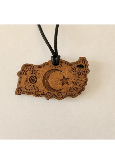Ay Yıldızlı Türkiye Haritası Çift Taraflı Eskitme Ahşap Metal Kolye - Unisex Çok Renkli