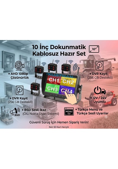 10 İnç Dvr 4 Kameralı Kablosuz Dokunmatik Ahd 1080p Bsd Kör Nokta Uyarı 12 24 Volt