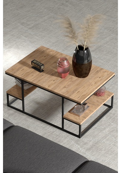 Reyo Falez Deluxe Raflı Orta Sehpa 60x90 Cm Modern Dikdörtgen Orta Sehpa Atlantik Çam