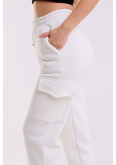 Winmoda34 Kadın Jogger Kalın 3 İplik Yandan Cepli Kargo Eşofman Altı Ekru