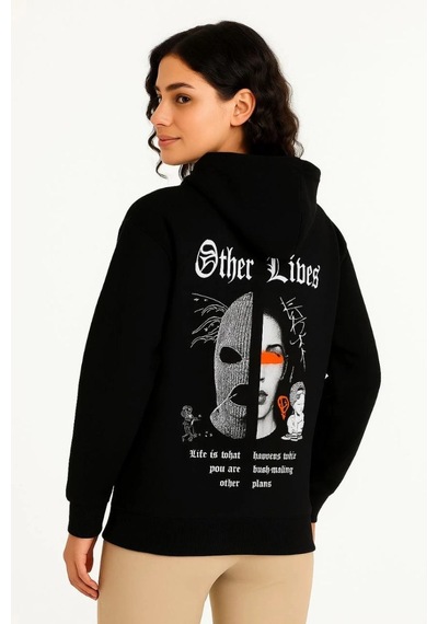Vinevesta Kadın Kapüşonlu Kanguru Cepli Sweatshirt 3 İplik Pamuklu Baskılı Hoodie - Siyah Çok Renkli