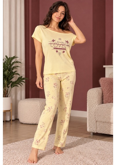 Üç Gül Ticaret Kadın Sarı Çiçek Desenli Omuz Detaylı Love Pijama Takımı Sarı Sarı