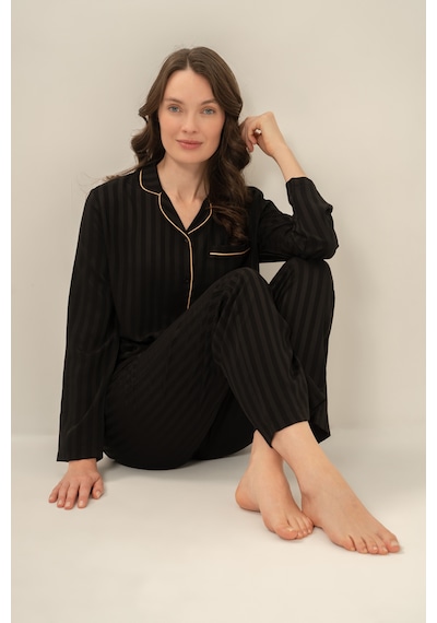 Pierre Cardin 9305 Saten Önden Düğmeli Uzun Kol Kadın Pijama Takımı Siyah