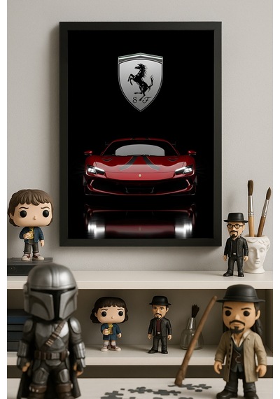 Ferrari 296 Gtb Siyah Ahşap Çerçeveli Poster, Dekoratif Araba Duvar Tablosu