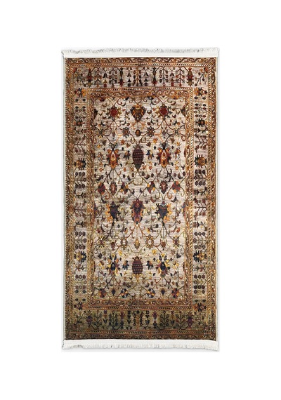 Bej Vintage Halı Etnik Desen Saçaklı Bambu Kumaş Salon Halısı
