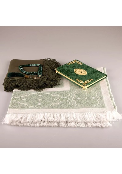 Şal + Seccade + Tesbih + Yasin Hediye Seti Çanta Boy, Şems Lafzatullah, Raşel Cilt, Yeşil