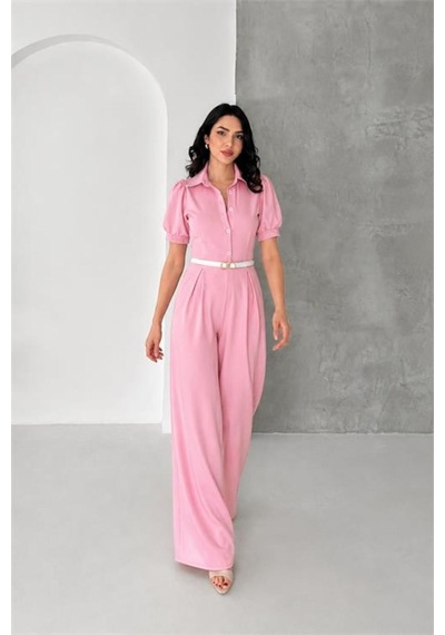 Neşeli Butik Kadın Pembe Gömlek Yaka Kemerli Geniş Paça Tulum Nbk4197