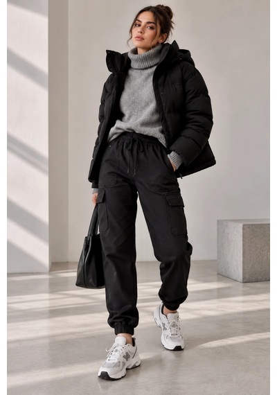 Bb Butik Basic Kadın Poliviskon Gabardin Cargo Jogger Pantolon Dm3535 siyah