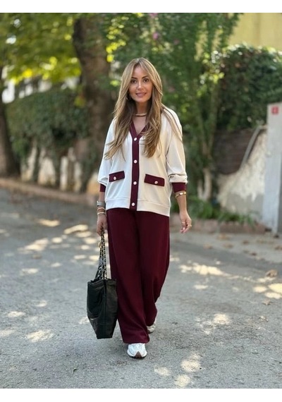 Femina Trendy Kadın Uzun Kollu Ribanali Cep Detay Hırka Ve Bol Paça Pantolon Ikili Takım Koyu Bordo