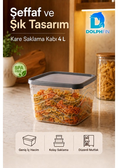 4 Litre Kapaklı Kare Saklama Kabı İstiflenebilir Bpa İçermez Şeffaf Siyah