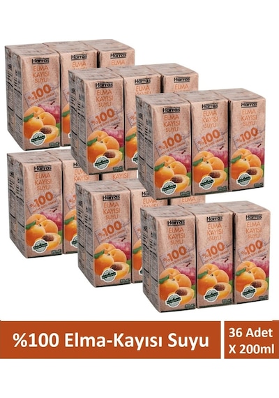 Elma Kayısı Suyu %100 Meyve Suyu Oranı Şeker Ilavesiz 36 Adet X 200 Ml