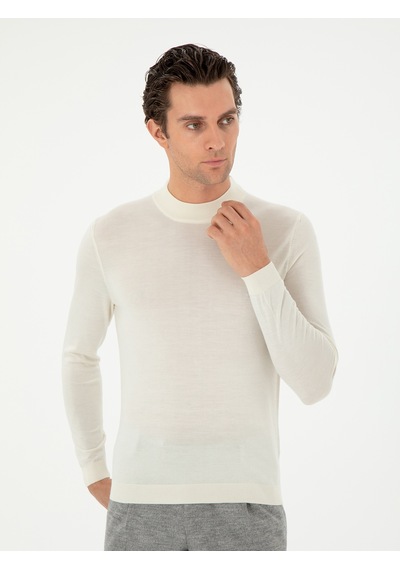 Cacharel Ekru Slim Fit Kaşmir İpek Karışımlı Çeyrek Balıkçı Yaka Triko Kazak Bej