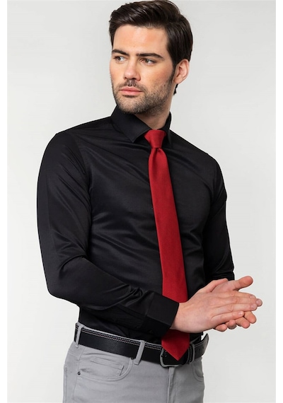 Tudors Slim Fit Dar Kesim Düz Erkek Gömlek-19030 Siyah
