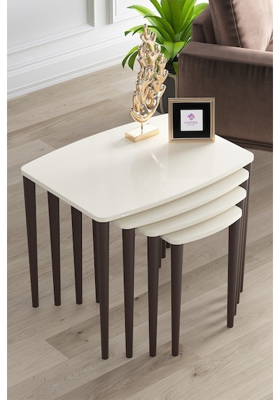 Canisa Concept Anka Serisi Mdf Zigon Sehpa Takımı 4'lü Sehpalar Krem Ayakları Ceviz Rengi