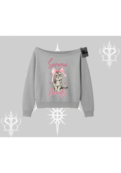 Startmore Serene Beauty Kedi Baskılı Kayık Yaka Sweatshirt Gri