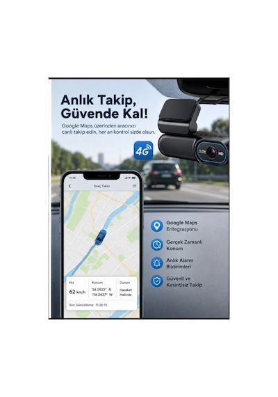 Hotkam 4g Araç İçi Kamera Google Maps Gps Takip 1080p + Turkcell 12gb Sım Hediye -1 Yıl